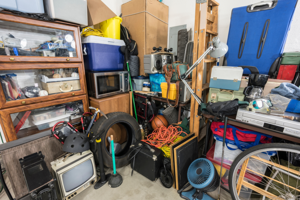 Cluttered garage full of decades of accumulated belongings