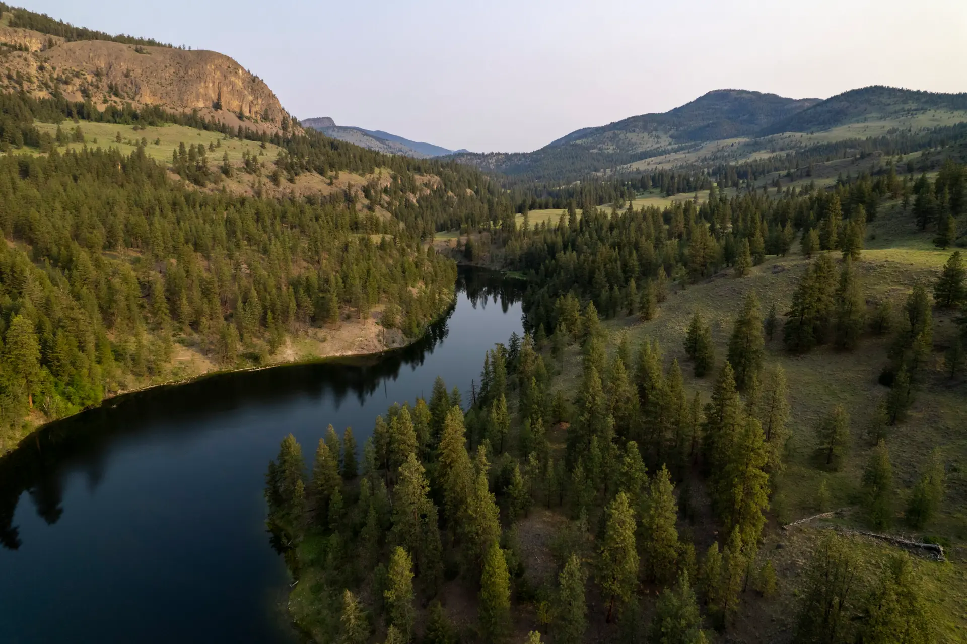 Aerial view of a river winding through forested hills and mountains